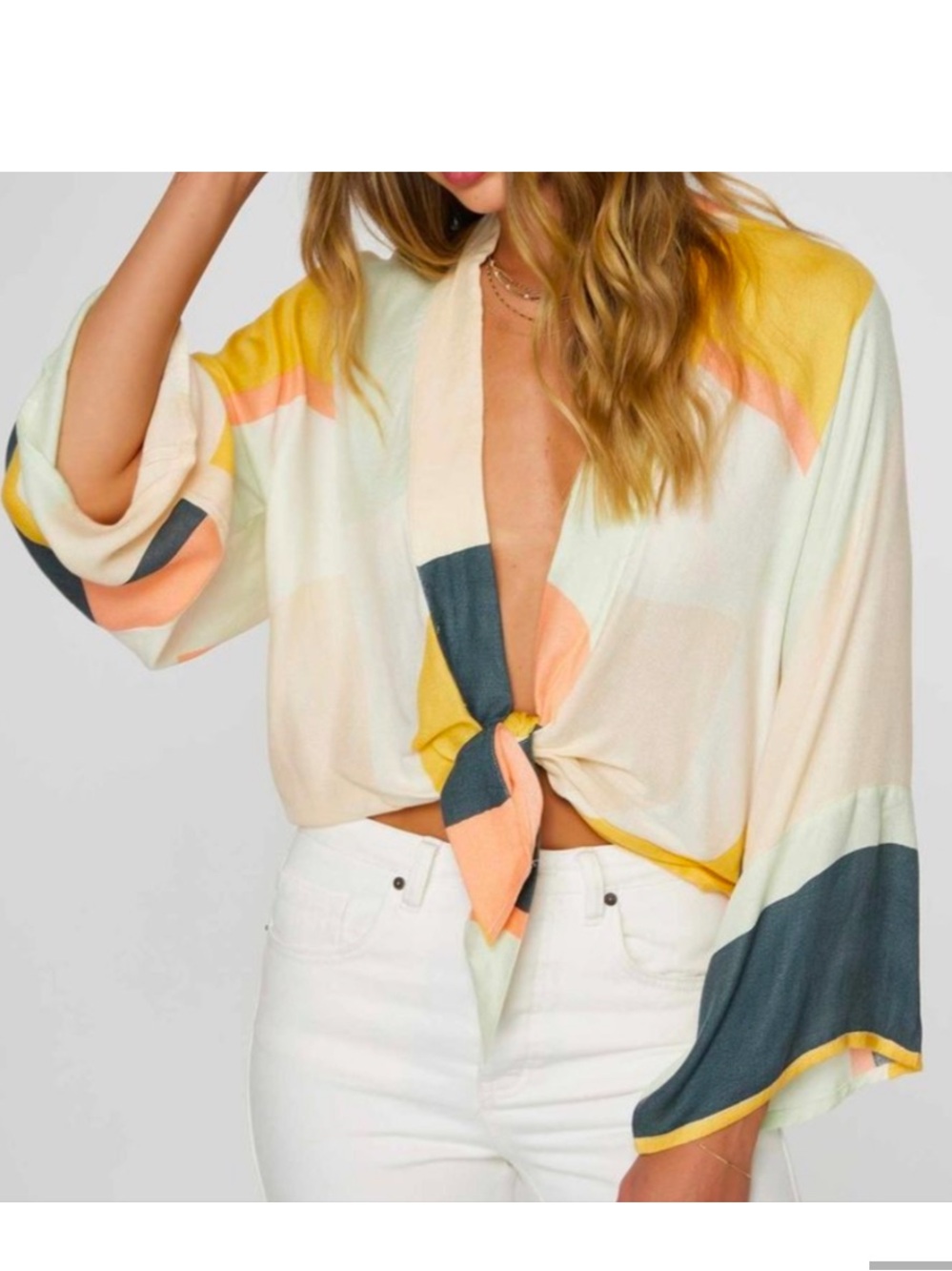 NWOT O'Neill Emerie Kimono 100% Viscose Color Block Tie Front Top, Size M/L